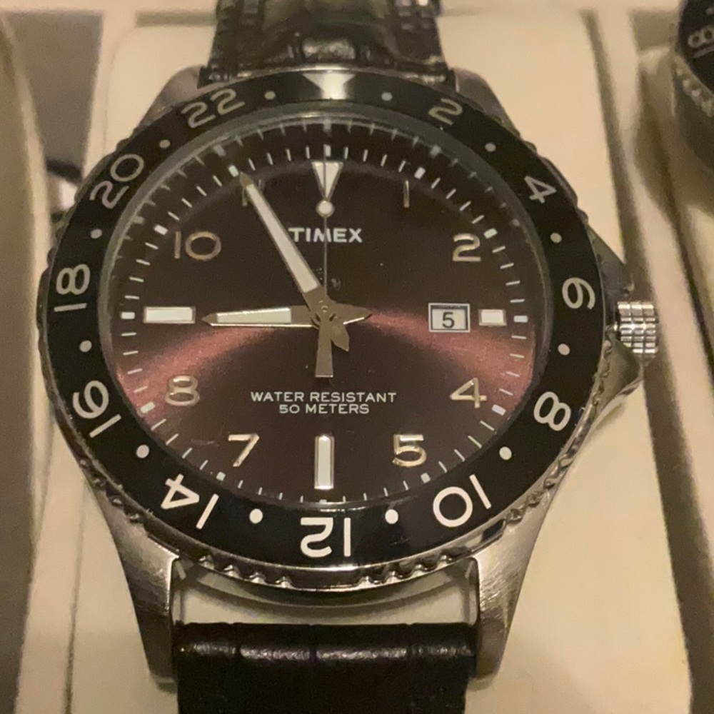 Mint Timex Submariner Diver Style with Day Window Black Leather Band